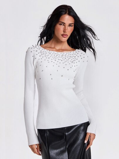 Y2K Suéter de mujer para otoño/invierno, sexy, de fiesta, lujo medianoche, para banquete, cuello barco, ajustado, manga larga, con bordado, lentejuelas y decoración degradada