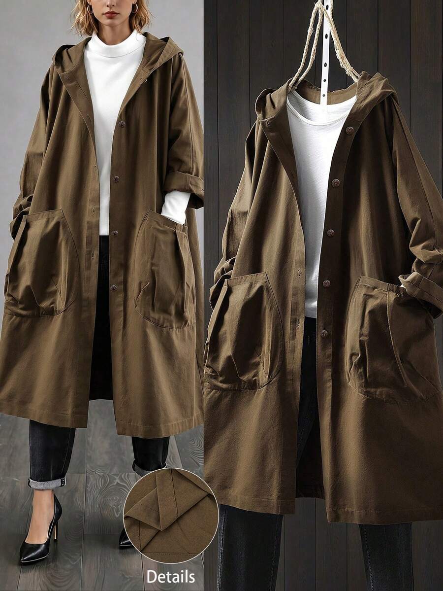 SHEIN LUNE Plus Size Casual Hooded Long Jacket With Large Pockets Fall Winter Cloth For Women Autumn - Brown - View 1