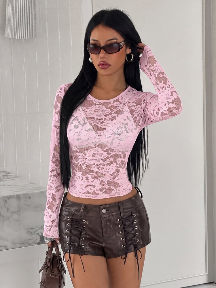 StreetHx Hot Girl Style Black Floral Lace Sheer Top, Slim Fit Sexy Mesh Base Layer Shirt - Baby Pink - View 8