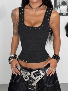 StreetHx Women's Fashionable Metal Decor White Tank Top - Black - View 5