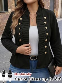 SHEIN CURVE+ Plus Size Women's Long Sleeve Button Front Open Napoleon Jacket Fall - Black - View 8