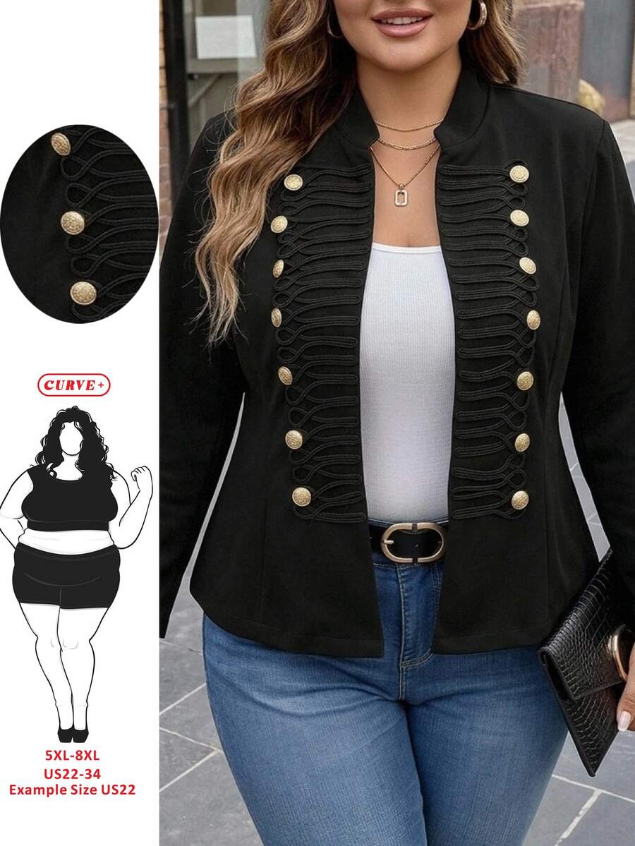 SHEIN CURVE+ Plus Size Women's Long Sleeve Button Front Open Napoleon Jacket Fall - Black - View 1