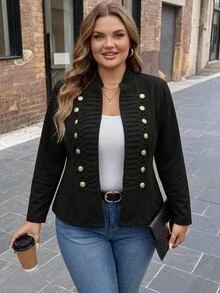 SHEIN CURVE+ Plus Size Women's Long Sleeve Button Front Open Napoleon Jacket Fall - Black - View 7