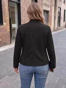 SHEIN CURVE+ Plus Size Women's Long Sleeve Button Front Open Napoleon Jacket Fall - Black - View 9