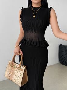 Modelyn 2pcs Elegant Lady Style Sleeveless Knit Vest & Long Pleated Skirt Set - Black - View 5