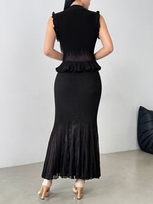 Modelyn 2pcs Elegant Lady Style Sleeveless Knit Vest & Long Pleated Skirt Set - Black - View 2