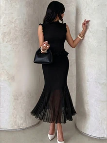 Modelyn 2pcs Elegant Lady Style Sleeveless Knit Vest & Long Pleated Skirt Set - Black - View 1