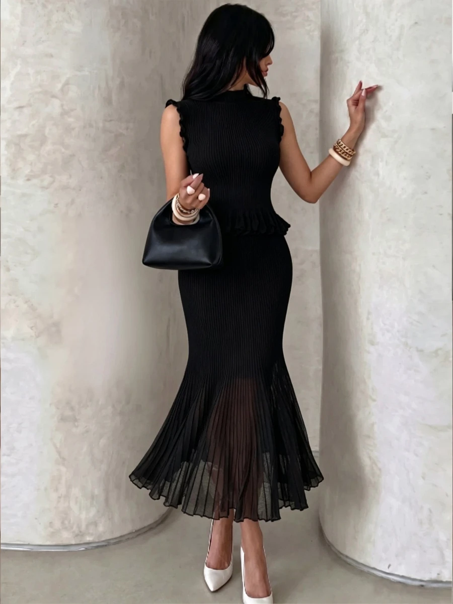 Modelyn 2pcs Elegant Lady Style Sleeveless Knit Vest & Long Pleated Skirt Set - Black - View 1