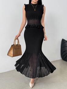 Modelyn 2pcs Elegant Lady Style Sleeveless Knit Vest & Long Pleated Skirt Set - Black - View 3