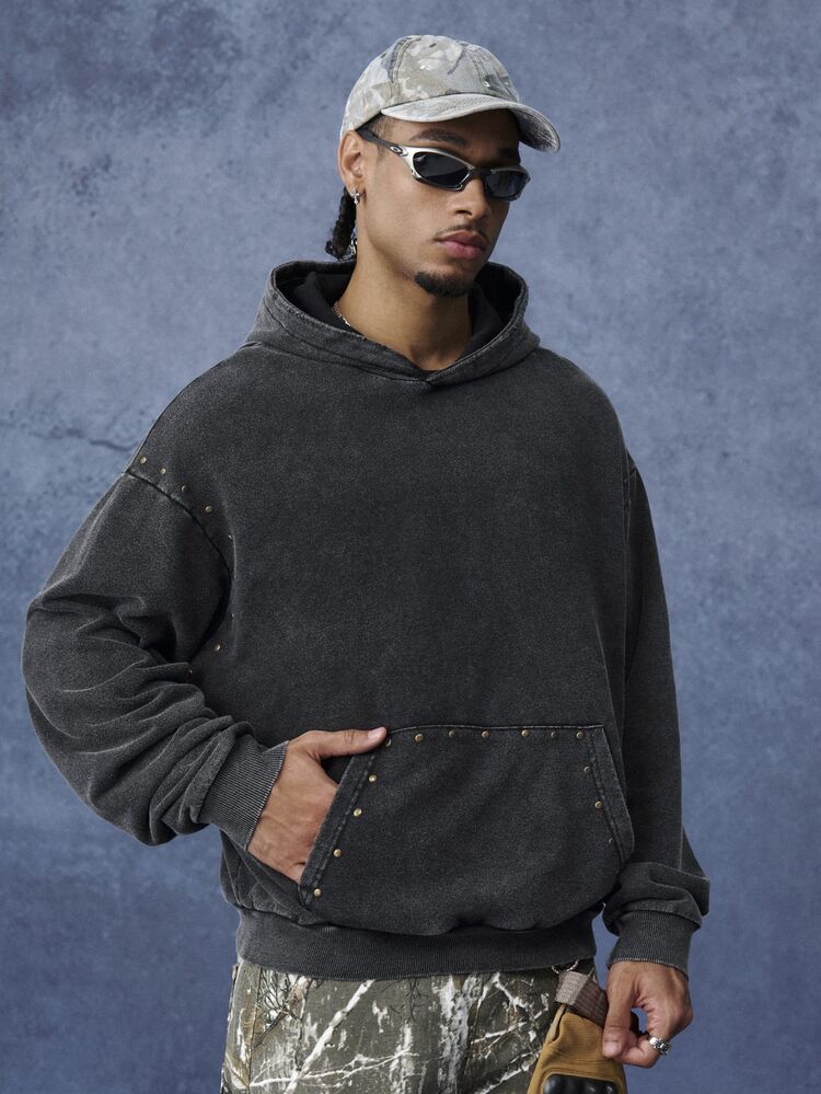 PAVTROS Men's Casual Washed Beaded Decor Hoodie - Black - View 1