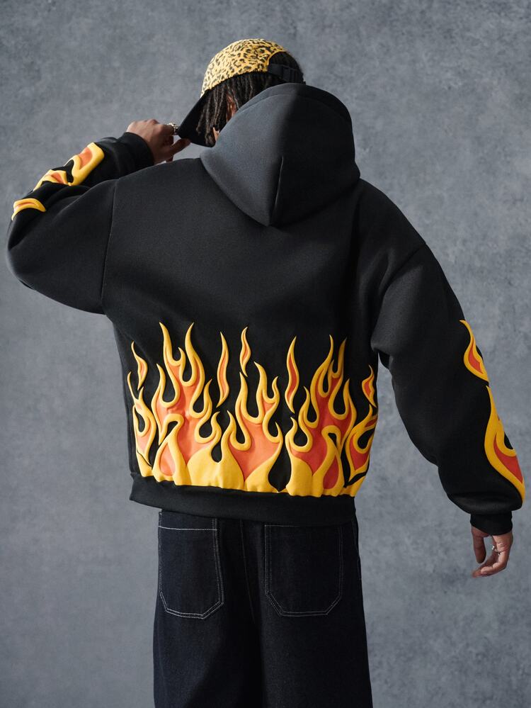PAVTROS Men's Casual Streetwear Flame Print Hoodie, Fall/ Date Night Sports Holiday Beach Going Out Black And Orange - Black - View 2