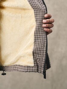 PAVTROS Mantel Pria Minimalis Vintage Bergaris Kotak-kotak Abu-abu Empuk, Jaket Berkerudung dengan Resleting Gaya Y2K - Grey - View 6