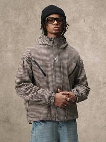 PAVTROS Mantel Pria Minimalis Vintage Bergaris Kotak-kotak Abu-abu Empuk, Jaket Berkerudung dengan Resleting Gaya Y2K - Grey - View 1