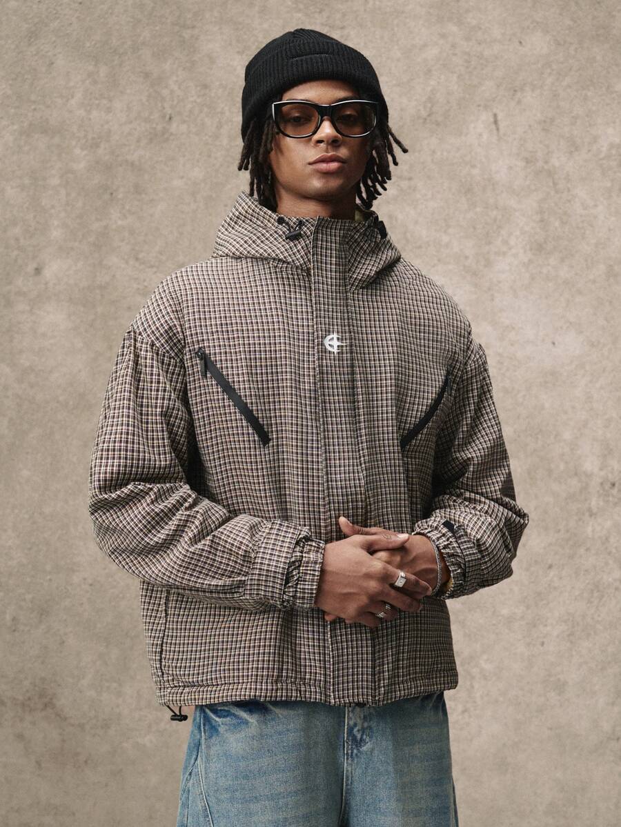 PAVTROS Mantel Pria Minimalis Vintage Bergaris Kotak-kotak Abu-abu Empuk, Jaket Berkerudung dengan Resleting Gaya Y2K - Grey - View 1