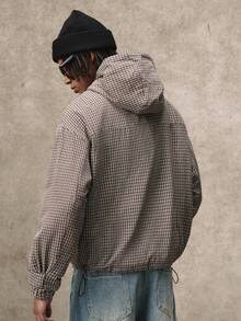 PAVTROS Mantel Pria Minimalis Vintage Bergaris Kotak-kotak Abu-abu Empuk, Jaket Berkerudung dengan Resleting Gaya Y2K - Grey - View 2