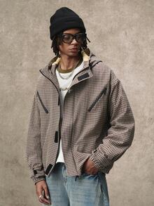 PAVTROS Mantel Pria Minimalis Vintage Bergaris Kotak-kotak Abu-abu Empuk, Jaket Berkerudung dengan Resleting Gaya Y2K - Grey - View 3