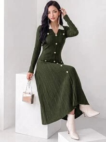 Heiryn 1 件女士优雅拼色领长袖中长连衣裙，秋季 - 綠色 - 查看 2