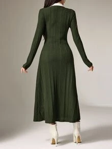 Heiryn 1 件女士优雅拼色领长袖中长连衣裙，秋季 - 綠色 - 查看 4