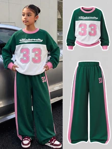 SHEIN 青少年女孩復古運動風 80 年代綠色拼接粉色長袖運動衫上衣與寬腿長褲套裝 休閒運動穿搭 校園秋季運動服 - 綠色 - 查看 1