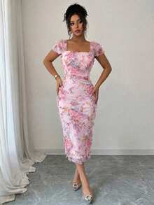 Elenzga Women's Elegant Romantic Mesh Printed Ruched Midi Dress, Suitable For Wedding Season, Party, Date, Casual Outing, Spring/Summer - Pink - View 3