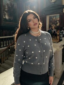 SHEIN MOD Plus Size Women's Polka Dot Knit Cardigan Suitable For Dating, Vacation, Party, Daily Outings, Gatherings, Outdoor Activities Winter - Grey - View 5