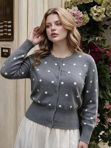 SHEIN MOD Plus Size Women's Polka Dot Knit Cardigan Suitable For Dating, Vacation, Party, Daily Outings, Gatherings, Outdoor Activities Winter - Grey - View 1