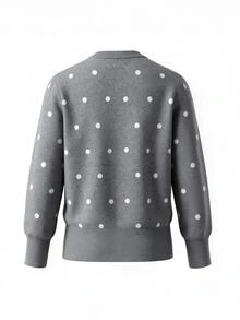 SHEIN MOD Plus Size Women's Polka Dot Knit Cardigan Suitable For Dating, Vacation, Party, Daily Outings, Gatherings, Outdoor Activities Winter - Grey - View 4