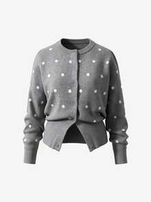 SHEIN MOD Plus Size Women's Polka Dot Knit Cardigan Suitable For Dating, Vacation, Party, Daily Outings, Gatherings, Outdoor Activities Winter - Grey - View 2