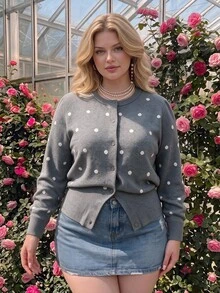 SHEIN MOD Plus Size Women's Polka Dot Knit Cardigan Suitable For Dating, Vacation, Party, Daily Outings, Gatherings, Outdoor Activities Winter - Grey - View 8