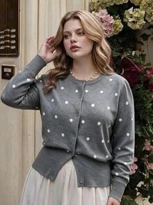 SHEIN MOD Plus Size Women's Polka Dot Knit Cardigan Suitable For Dating, Vacation, Party, Daily Outings, Gatherings, Outdoor Activities Winter - Grey - View 6