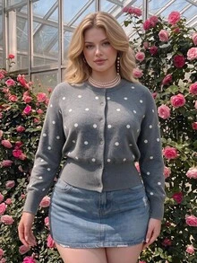 SHEIN MOD Plus Size Women's Polka Dot Knit Cardigan Suitable For Dating, Vacation, Party, Daily Outings, Gatherings, Outdoor Activities Winter - Grey - View 9