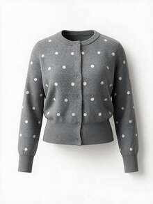 SHEIN MOD Plus Size Women's Polka Dot Knit Cardigan Suitable For Dating, Vacation, Party, Daily Outings, Gatherings, Outdoor Activities Winter - Grey - View 10
