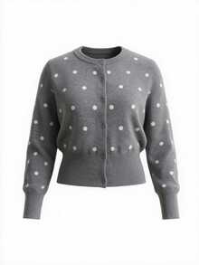 SHEIN MOD Plus Size Women's Polka Dot Knit Cardigan Suitable For Dating, Vacation, Party, Daily Outings, Gatherings, Outdoor Activities Winter - Grey - View 3