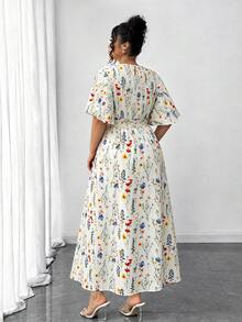 Elenzga Plus Size Women's Ditsy Floral Round Neck Ruffle Sleeve A-Line Midi Dress, Elegant Outdoor Wear - Yellow - View 2