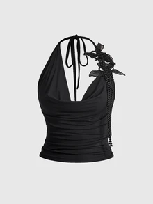 ROMWE Autumn/Winter Sexy Party Midnight Luxury Cocktail Banquet New Year Outfit Y2K Style Oversized Faux Flower Decor Cowl Neck Halter Top For Women - Black - View 2