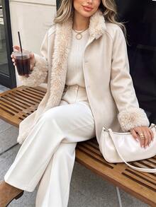 Vionelle Plus Size Gentle Lady Style Batwing Sleeve Fur Collar Cape Coat Women Fall Loose Thickened Fur Patchwork Overcoat Formal Evening Beige Elegant Winter - Apricot - View 5