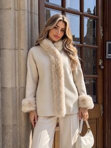 Vionelle Plus Size Gentle Lady Style Batwing Sleeve Fur Collar Cape Coat Women Fall Loose Thickened Fur Patchwork Overcoat Formal Evening Beige Elegant Winter - Apricot - View 4