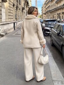 Vionelle Plus Size Gentle Lady Style Batwing Sleeve Fur Collar Cape Coat Women Fall Loose Thickened Fur Patchwork Overcoat Formal Evening Beige Elegant Winter - Apricot - View 2