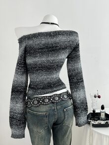 Elamini 1 件女式独特斜肩拼色条纹卢勒克斯腰部修身喇叭袖针织毛衣，时尚休闲，秋冬 - 黑色 - 查看 2