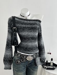 Elamini 1 件女式独特斜肩拼色条纹卢勒克斯腰部修身喇叭袖针织毛衣，时尚休闲，秋冬 - 黑色 - 查看 5