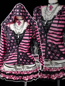 Sunspun Plus Size Punk Pentagram Striped Positioned Print Sweatshirt, Autumn/Winter Fall - Pink - View 1