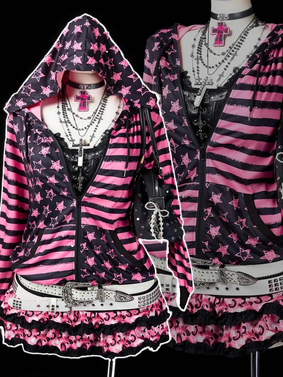 Sunspun Plus Size Punk Pentagram Striped Positioned Print Sweatshirt, Autumn/Winter Fall - Pink - View 1
