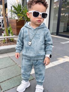 嬰幼兒連帽休閒舒適套裝，經典酷帥時尚街頭風葉子印花，適合街頭穿搭與運動，秋季款 - 白色 - 查看 6