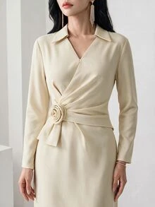 Heiryn Elegant V-Neck Ruched Collar Waist Pleated Floral Dress, Sophisticated Office Wear - Apricot - View 5