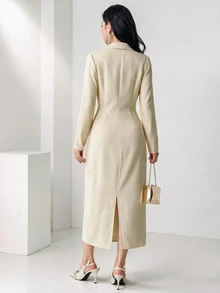 Heiryn Elegant V-Neck Ruched Collar Waist Pleated Floral Dress, Sophisticated Office Wear - Apricot - View 8