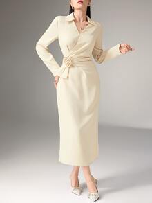 Heiryn Elegant V-Neck Ruched Collar Waist Pleated Floral Dress, Sophisticated Office Wear - Apricot - View 12