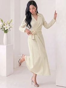 Heiryn Elegant V-Neck Ruched Collar Waist Pleated Floral Dress, Sophisticated Office Wear - Apricot - View 9