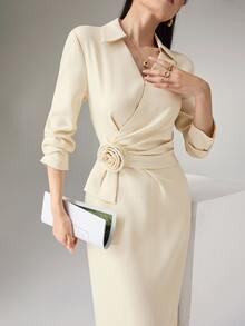 Heiryn Elegant V-Neck Ruched Collar Waist Pleated Floral Dress, Sophisticated Office Wear - Apricot - View 10