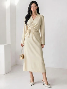 Heiryn Elegant V-Neck Ruched Collar Waist Pleated Floral Dress, Sophisticated Office Wear - Apricot - View 7
