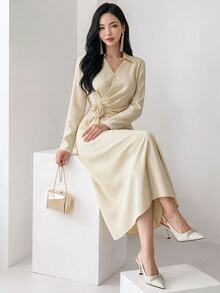 Heiryn Elegant V-Neck Ruched Collar Waist Pleated Floral Dress, Sophisticated Office Wear - Apricot - View 6